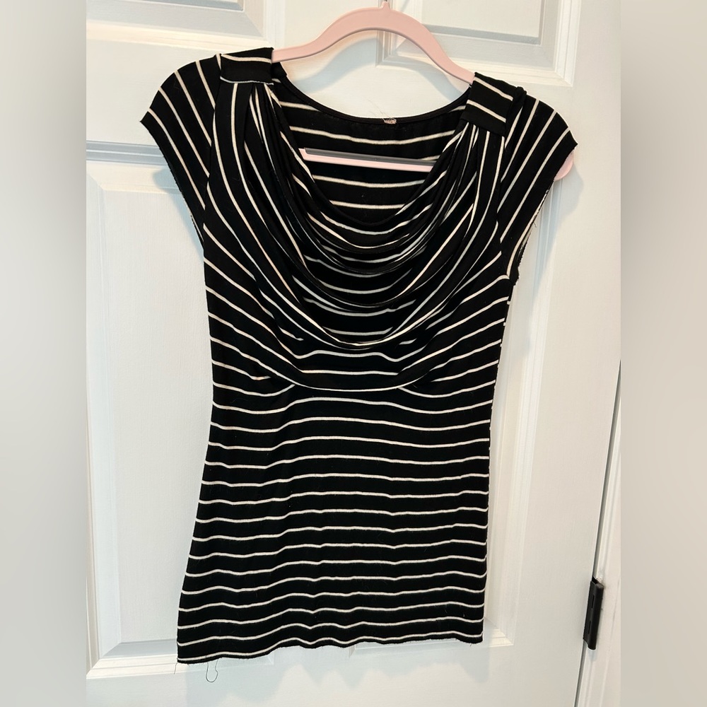 Anthropologie Top with rouched drape detail. Black with thin white stripes.